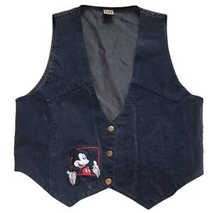 SM Disney Genuine Suede Vest Embroidered Mickey Mouse Vintage 90s Navy Blue